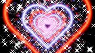 Neon purple and red tunnel of hearts and particle crosses on black background. 4K Video Loop