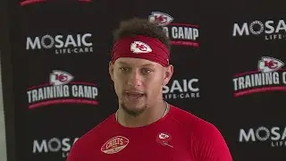 Chiefs quarterback Patrick Mahomes speaks with reporters at training camp