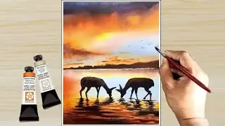 Watercolor painting for beginners - Easily paint Sunset Riverside Landscape with Deer Painting /art.