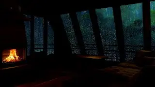 Stormy Rain through Giant Windows | Cozy Firelight Bedroom Ambience for Sleep & Calm