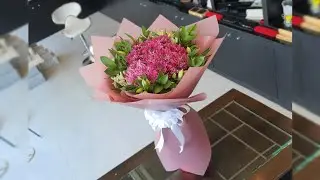 A Round Bouquet With Purple Chrysanthemum And Alstroemeria |Wrapping |Fresh Flowers Arrangement