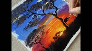 How To Paint an African sunset with Elephants | Landscape Acrylic Painting