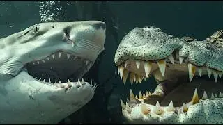 Albino Great White Shark Attacked by Pack of Alligators. Live Sound