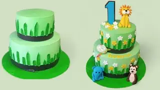 🦁 Jungle Theme 1st Birthday Cake 🎂 | Animal Theme Cake Decoration Tutorial | 🌿 Jungle Safari cake 🐒🦁