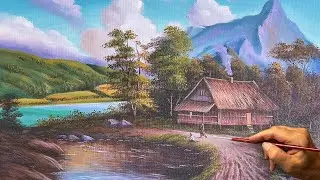 How to Draw Landscape Painting &ldquo;91&rdquo; / Peaceful Lakeside Cabin Scene / Acrylic Painting | LDL ART
