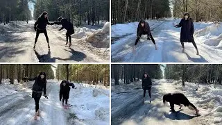 Two girls BAREFOOT comparing 7 pairs of shoes on slippery ice and snow, high heels on ICE (# 1405)