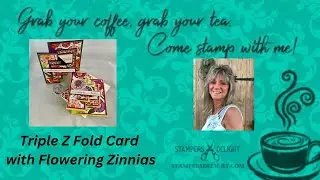 Triple Z Fold Card with Flowering Zinnias