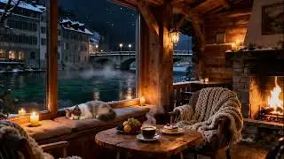 Night Café by the River 🌙 Cozy Piano Sounds & Sleeping Cat Ambience for Deep Sleep, ASMR