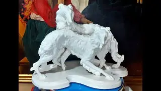 Antique Large German Porcelain Russian Hunting Sighthounds Group Figurine, 1885