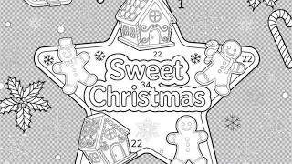 Sweet Christmas illustration with gingerbread, house, candy, cheerful snow | Coloring Games