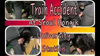 Korean girl slip through the side of the door train from her foot to knee. December 24, 2020
