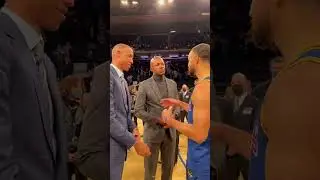 Steph Curry chops it up with Reggie Miller and Ray Allen before the gm on his record breaking night