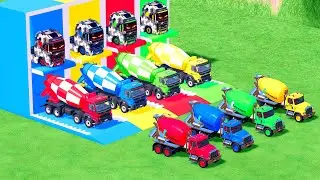 Garage with Colors - ALL MIXER TRUCK WITH DOUBLE FLATBED TRAILER TRUCK, SCANIA, MACK #61 - FS22