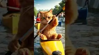 Kayaking cats paddle fiercely in river, just now caught off guard by splash