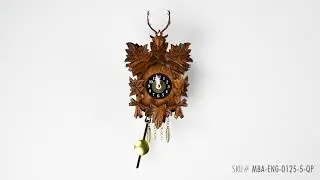 MBA-ENG-0125-5-QP - Carved Black Forest Quartz Mini Cuckoo Clock with 5 Leaves and Stag Head