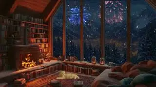 Snow Falling Outside the Cabin with Piano and Fireplace Sounds for Deep Sleep