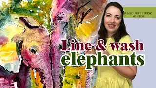 Line and wash animals: watercolor and Sharpie markers elephants step by step