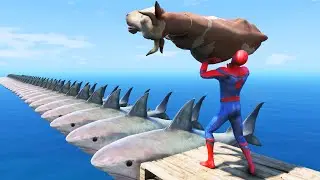 SPIDERMAN VS COW | GTA 5 Water Ragdolls Shark Bridge #109 (Euphoria Physics)