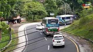 Potret duel balapan sesama bus budiman saling kejar menurun menikung lingkar gentong ekstrim