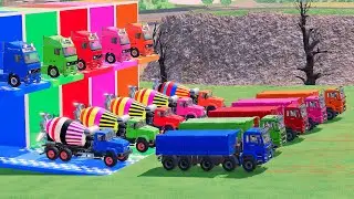 GARAGE WITH COLORS   ALL MIXER TRUCK WITH DOUBLE FLATBED TRAILER TRUCK,VOLVO, MIXER TRUCK, MAN TRUCK