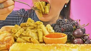 PESTO PASTA ASMR || Roulette With Meat And Chicken & Fresh Fruits NO TALKING(EATING SOUNDS)#mukbang