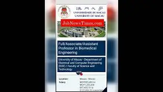 📢 Full Time Assistant Professor Jobs in Biomedical Engineering ✨ University of Macau #FacultyJob