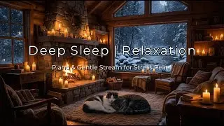Relaxing Piano & Water Sounds: Stress Relief in Cozy Winter Cabin with Fireplace Deep Sleep Therapy