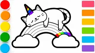 How to draw a unicorn cat on a rainbow | step by step