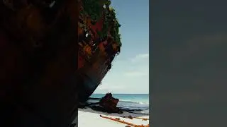 A rusted, half-sunken shipwreck resting on a lonely white sand beach #nature #cinematic