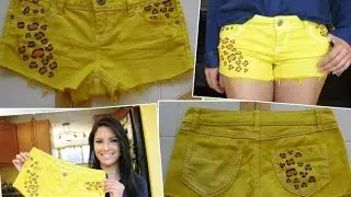 Short amarelo com detalhe de oncinha by Customização & Cia
