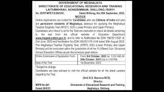 MTET MEGHALAYA EXAMINATION 2023 NOTIFICATION | DERT | DIET