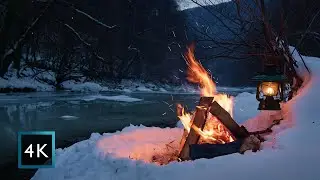 4K Campfire by the melting river on a snowy island, ~32°F (0°C) night ambience — True nature