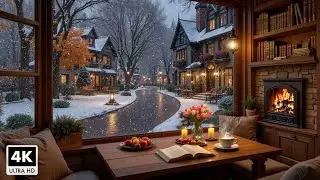 White Snow Winter Cafe Space ❄️ Soft Jazz Music & Warm Firelight for Sleeping, Relaxing & Reading