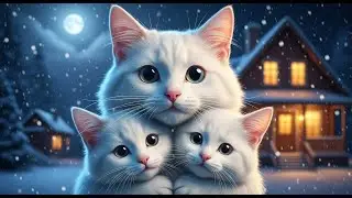 White Cat Taking Care of Two Baby Cats in Winter Night