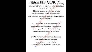 MEG 01 British Poetry IGNOU MA English Important Questions RTC AND ESSAY Questions #shorts