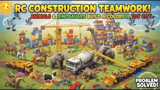 RC Construction Teamwork! 🚜🦕 Animals & Dinosaurs Build a Colorful Toy City