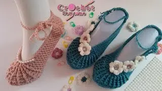 كروشيه حذاء سليبر بأى مقاس // Crochet Ballet Slippers Tutorial for any size
