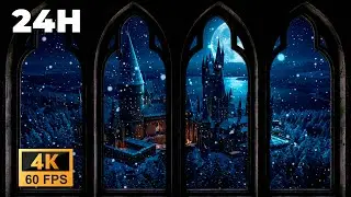 4K 🌙 Wizarding Winter Night &ndash; Snowfall Window Ambience for Deep Relax