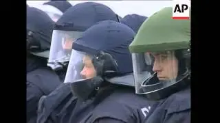 Air raid protest, rally, flags burned, clown demo