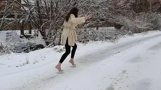 Very high platform sandals on ice, slippy platform sandals on ice, sandals on slippy ice (scene 631)