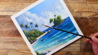 Simple Acrylic Seascape Painting | Tropical Haven | Step-by-step for Beginners | Time-lapse