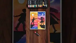 💔 Separated by Time, Connected by Love | Day & Night Drawing | Oil Pastel Art #oilpastel #shorts