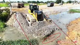Connect Landfilling of Road Across the Canal is Almost! Dozer Pushing Stones & Dump Trucks 25.5Ton