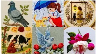 Dreamy Girl Cat Window Frame Embroidery Village Life Cow Milking Hand Embroidery Flying Dove with Fl