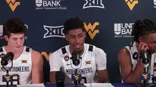 WVU basketball players Jake Auer, Sencire Harris, and Javon Small Bethune Cookman Post Game 2024