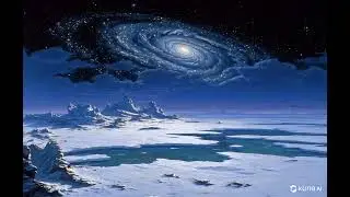 A massive swirling galaxy illuminates the barren icy terrain, its spiral arms rotating slowly