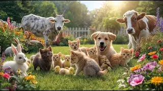 Cute Cat Playing with Puppy, Rabbit, Hen, Cow, Duck, Goat | Farm & Pet Animals | Meow Meow | HaoMao