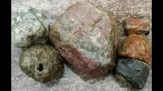 Cutting Glacial Till, geode, crinoid fossil, banded chert, chalcedony