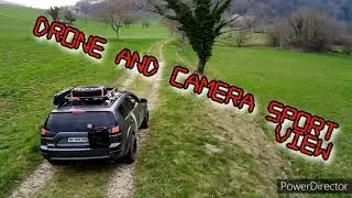 Mitsubishi Outlander lifted off road. Drone Potensic Atom se view, sport camera