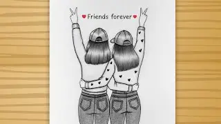 BFF Drawing - Two best friend girl drawing / easy drawing for beginners / Friendship day drawing/Art